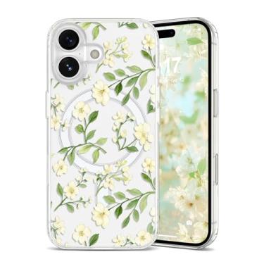 Imagem de EYZUTAK Capa magnética para iPhone 16 com flores compatível com MagSafe, bonita floral elegante estética capa protetora fina transparente antiamarelamento para meninas e mulheres - bege