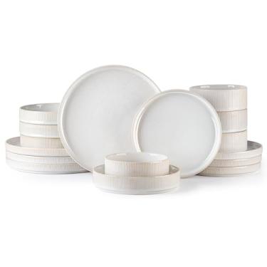 Imagem de TheTerra Conjuntos de louça de cerâmica com tigelas de macarrão para 4, 16 peças de pratos e tigelas leves de porcelana, conjunto de pratos resistentes a arranhões, seguro para forno, micro-ondas e