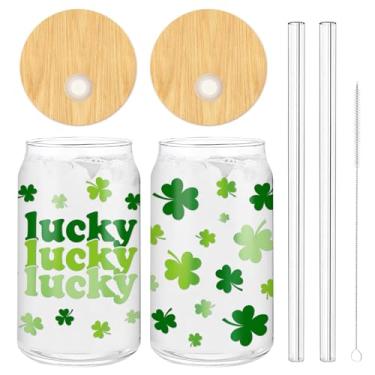 Imagem de Whaline Pacote com 2 copos para beber Dia de São Patrício Copo de Vidro Copo Verde Trevo da Sorte Trevo Gelado com Tampa Canudo para Feriado Irlandês Cocktail Whisky Beer Soda, 473 ml