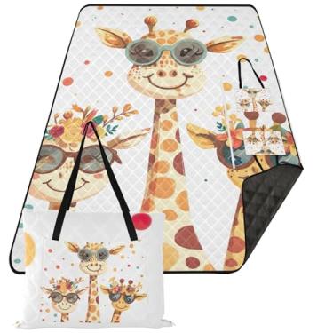 Imagem de TSENQUE Happy Giraffe Animal Family Cobertor de Piquenique Dobrável Bonito Sem Areia Cobertor de Praia Impermeável Grande Floral Tapetes de Grama para Camping 299 cm x 203 cm