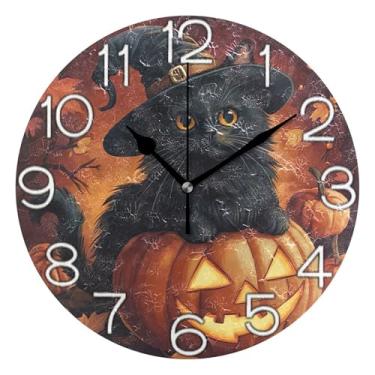 Imagem de GAIGEO Relógio de parede analógico de gato preto Halloween abóbora decorativo quarto cozinha relógio estético silencioso sem tique-taque, decoração de parede moderna para sala de estar, 25 cm