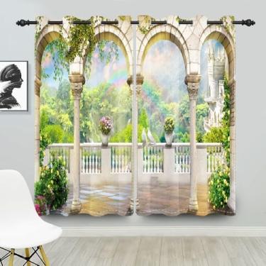 Imagem de Cortinas vintage para janela de jardim, castelo de conto de fadas, varanda e pilares de pedra do país das maravilhas mágico, cortinas de tratamento de janela para crianças, quarto de meninas, sala de