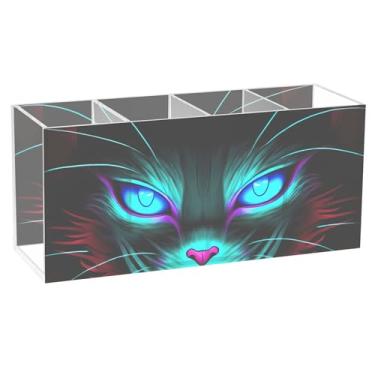 Imagem de TSENQUE Suporte de caneta de mesa personalizado para decoração de casa, gato, preto, azul, olhos brilhantes, artesanato, acrílico, pincel de maquiagem, porta-copos
