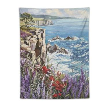 Imagem de Tapeçaria Cliffside de flores silvestres costeiras caindo ondas do mar árvore solitária vibrante paisagem litorânea arte natureza cênica decoração de parede para sala de estar quarto casa espaço ao ar