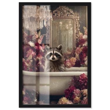 Imagem de Guaxinim em Magnificent Floral Tub Shadowbox Print Bathroom Wall Art por Art Remedy, moldura preta, 53 x 78 cm