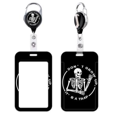 Imagem de Carretel retrátil de caveira preta com suporte de identidade, carretel de crachá engraçado para chaves e crachás de identificação para mulheres, crianças, homens, adolescentes, porta-identidade