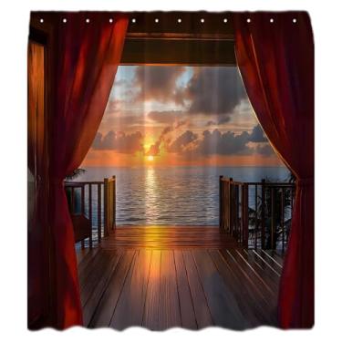 Imagem de Cortina de chuveiro de verão oceano cenário pôr do sol litoral tropical mediterrâneo havaiano praia natureza paisagem vermelha conjunto de cortina de banheiro com gancho, 177 x 178 cm