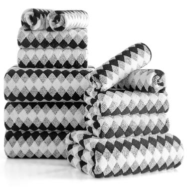 Imagem de Conjunto de 12 toalhas de diamante preto e branco - 4 toalhas de banho, 4 toalhas de mão, 4 toalhas de poliéster macio com laço absorvente toalha de banho toalha de praia de secagem rápida toalhas de