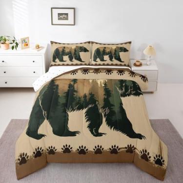 Imagem de jejeloiu Conjunto de cama macio para meninos e meninas, silhueta de pinheiro, tamanho Queen, rústico, casa de fazenda, edredom de microfibra, animal selvagem, decoração de quarto, 3 peças com 2