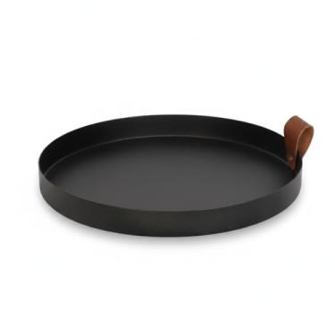 Imagem de Bandeja Decorativa Redonda em Metal, Preta e Branca, com Alça em Couro, 25 cm de Diâmetro x 2,7 cm de Altura, Design Moderno para Servir e Organizar (Preto)