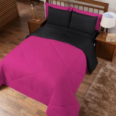 Imagem de Edredom Casal Dupla Face Cobre Leito Queen + Lençol Queen Com Elastico 6 Peças Tecido Toque Macio(Preto/Pink,Kit Edredom 06 Peças)
