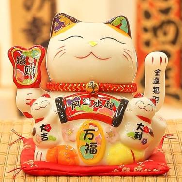 Imagem de FENNYYAR Lindo braço ondulante enfeite de porcelana de gato da sorte, 16 cm, estátua de decoração de casa de gato rico