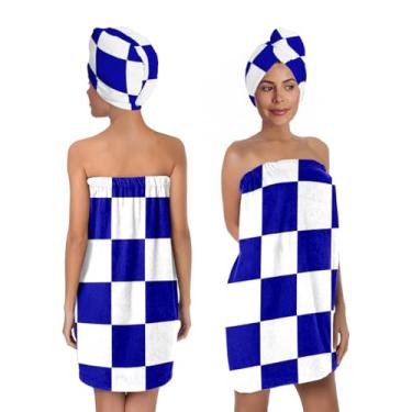 Imagem de BaBakiak Conjunto de envoltório de banho xadrez azul branco com turbante de cabelo, envoltório de toalha de spa padrão azul e branco, roupão de toalha para mulheres