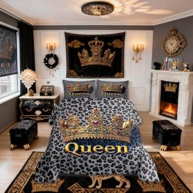 Imagem de Jogo de cama infantil de leopardo, tamanho Queen, coroa de animais selvagens, moda moderna, edredom de edredom cinza, dourado, 2 fronhas