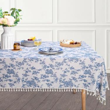 Imagem de LOVOUS Toalha de mesa retangular floral de linho 152 x 351 cm – Toalha de mesa azul vintage lavável para jantar interno e externo, restaurante, piquenique, decoração de mesa pastoral