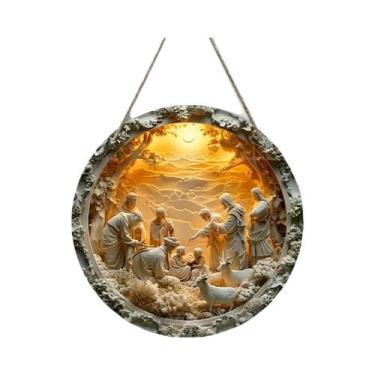 Imagem de Guirlanda De Natal Redonda De Madeira Com Tema Presépio E Jesus, Decor