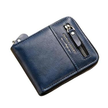 Imagem de Carteira masculina moderna azul curta magnética em relevo padrão de couro macio ultrafina, design moderno azul curto com fecho magnético, padrão em relevo couro liso