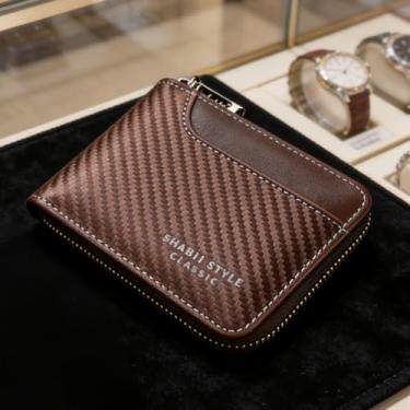 Imagem de Carteira masculina dobrável de couro curta, dobrável rústica durável (marrom escuro)