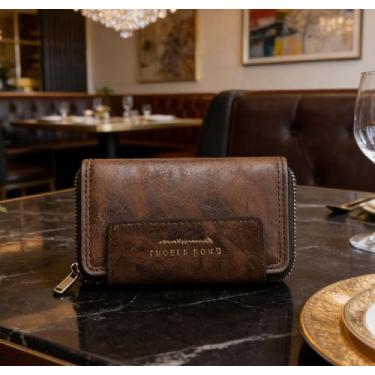 Imagem de Carteira masculina Business marrom escuro horizontal de couro macio de grão fosco resistente à água, design aberto horizontal comercial com couro macio de grão fosco, resistente à água