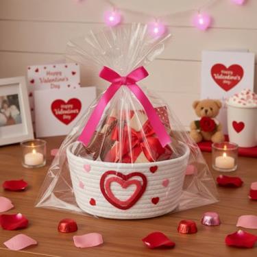 Imagem de Qinyoung Cesta de tecido de 25 x 20 x 12 cm para o Dia dos Namorados com sacos de presente e fitas cor-de-rosa, cesta de armazenamento de coração feliz dia dos namorados, ideia de presente para