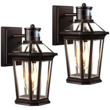 Imagem de VIANIS Luzes externas com sensor de movimento, bronze polido a óleo, luzes de parede externas do crepúsculo ao amanhecer, lanterna de parede à prova d'água com vidro temperado, arandela de parede