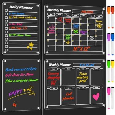 Imagem de FINDMAG Calendário magnético de acrílico apagável a seco para geladeira, calendário magnético para geladeira, conjunto de 4 quadros de planejamento transparentes para planejamento mensal semanal