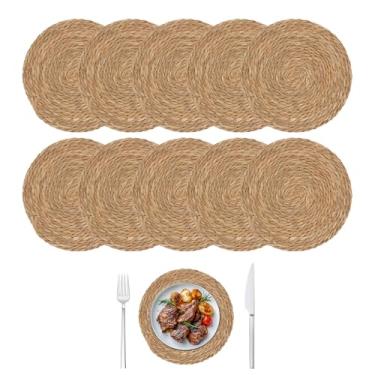 Imagem de Pacote com 10 jogos americanos redondos de 30,5 cm – Tapetes de mesa de jantar trançados boêmios marrons naturais de vime, resistentes ao calor e antiderrapantes para casa/casamento