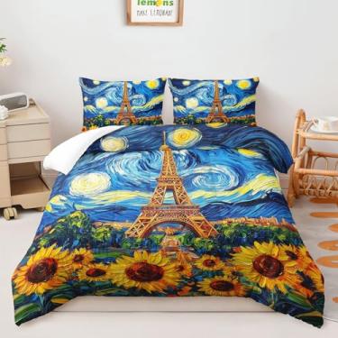 Imagem de AILONEN Conjunto de edredom floral da Torre Eiffel, óleo Van Gogh com estampa de girassol, 3 peças, colcha de flores e noite estrelada com 2 fronhas, macio e respirável