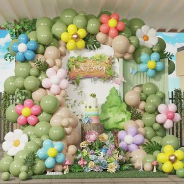 Imagem de Kit de arco de balão verde sálvia, 202 peças, guirlanda de balões marrom claro com clipe de flores arco-íris e balões de margarida para decoração de festa de chá de aniversário de primavera