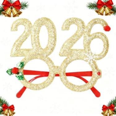 Imagem de 1 peça de adereços de plástico para cabine fotográfica de ano novo de 2026, óculos dourados com glitter para decoração de festa de ano novo, adereços de cabine de fotos