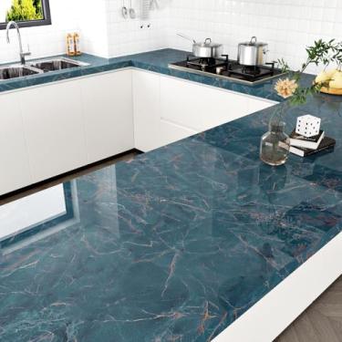 Imagem de EPPKILY Papel de contato de mármore azul para bancadas de 40 x 39 cm, papel de parede de mármore azul brilhante, autoadesivo, removível, para cozinha, armários de mesa, banheiro, paredes de vinil