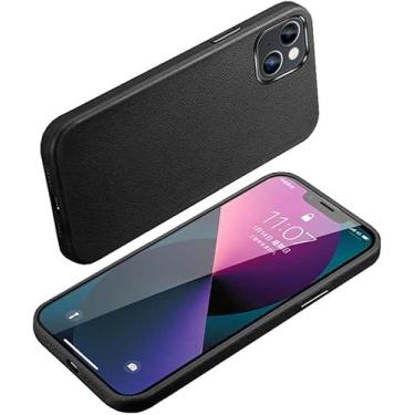 Imagem de FULNES Capa de couro genuíno para Apple iPhone 14 Plus (2022) 6,7 polegadas, capa traseira de telefone resistente a arranhões à prova de choque [proteção de tela e câmera] (Cor: Preto)