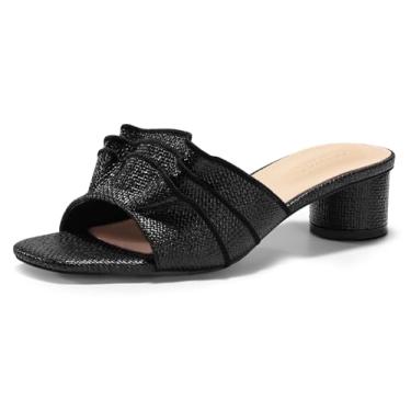 Imagem de Coutgo Sandálias femininas Raffia de salto baixo grossas quadradas bico aberto mules babados sem cadarço verão sapatos sociais, Raffia preta, 36