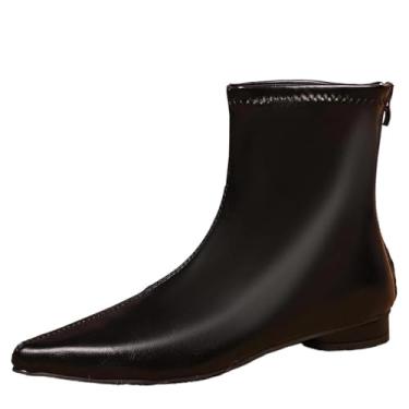 Imagem de Botas femininas modernas, casuais, versáteis, lisas, bico fino, estilo britânico, salto baixo, poliuretano, Preto, 36