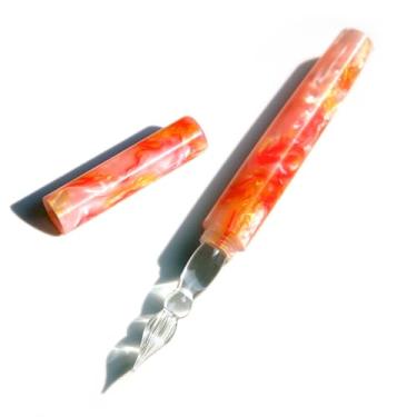 Imagem de SeventyTwo Caneta de vidro com alça de resina marmorizada laranja vermelha amarela, caneta de caligrafia com caixa de armazenamento (rosa)