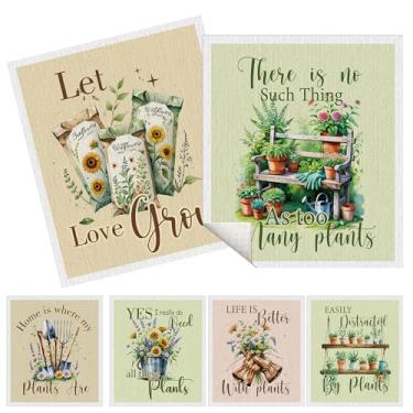 Imagem de MOIZYNG Panos de prato suecos de plantas de jardim para cozinha, pacote com 6 panos de prato suecos de flores reutilizáveis laváveis absorventes toalha de cozinha presentes para amantes de plantas