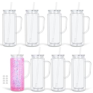 Imagem de Tswofia Copos de globo de neve de acrílico de parede dupla de 590 ml com alça, pacote com 8 frascos de plástico transparente para globo de neve com orifício pré-perfurado e plugue para presentes de