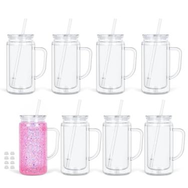 Imagem de Pacote com 8 copos de globo de neve de 473 ml com alça, copos de globo de neve de acrílico com orifício e plugue pré-perfurados, caneca de café de plástico transparente reutilizável de parede dupla