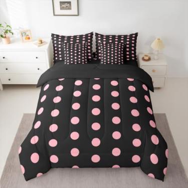 Imagem de Jogo de cama com estampa de bolinhas e bolinhas pretas e rosa, decorativo, moderno, geométrico, simples, para todas as estações, lençol com elástico, 2 fronhas, 2 fronhas, Queen