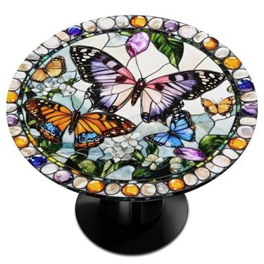 Imagem de Pardick Toalha de mesa redonda ajustada com pintura de vidro de borboleta com bordas elásticas para uso ao ar livre, toalha de mesa redonda à prova d'água, toalha de mesa limpa para festa, piquenique