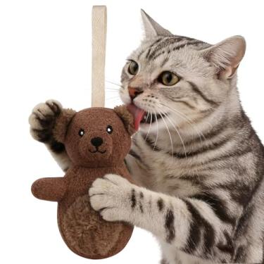 Imagem de Urso de pelúcia para gatos - Brinquedo de gato de poliéster macio para mastigar e brincar, urso de pelúcia fofo com laço para pendurar