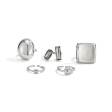 Imagem de Conjunto de anéis grossos de prata para mulheres, articulação ajustável, empilhável, conjunto de anéis grossos de prata, moderno, minimalista, geométrico, lábios, corrente de coração, espiral