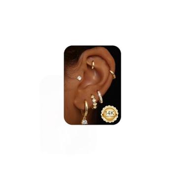 Imagem de FUNRUN JEWELYR Brincos de argola pequenos banhados a ouro 14K para mulheres, hipoalergênicos, cirúrgicos, de aço inoxidável, grossos, para piercings múltiplos, brincos de cartilagem na moda, Aço