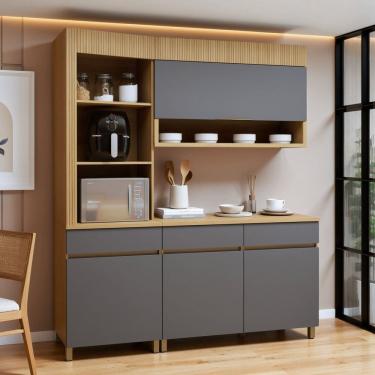 Imagem de Cozinha Completa Modulada 3 Peças 4 Portas 3 Gavetas Torre Angular 100% Mdf Realeza Premium Carvalho/Titânio