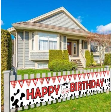 Imagem de Faixa grande de aniversário de vaca feliz, placa de aniversário com tema de fazenda, decoração de artigos de festa de aniversário com tema de vaca cortada (3 x 0,5 m)