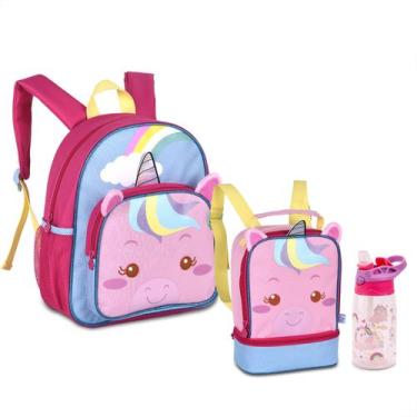 Imagem de Kit Mini Mochila De Costas Lancheira Térmica Garrafa Unicórnio - Clio 