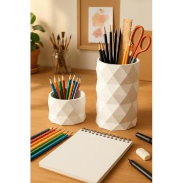 Imagem de Organizador 3D Geométrico Porta Caneta Lápis Clips e Suporte Celular para Escritório Home Office (Branco,Porta Celular)