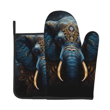 Imagem de Conjunto de luvas de forno com estampa de elefante assustador, conjunto de 2 peças, adequado para cozinhar, assar e grelhar ao ar livre