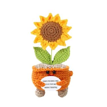 Imagem de Crochê positivo de girassol | Boneca decorativa de mesa - Decoração de casa tecida à mão para mesa de cabeceira, flor artificial motivacional