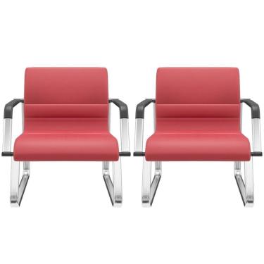 Imagem de Kit 02 Cadeiras De Escritório Recepção Fixa Pés Cromado Lev P03 Vinil Vermelho - Lyam Decor